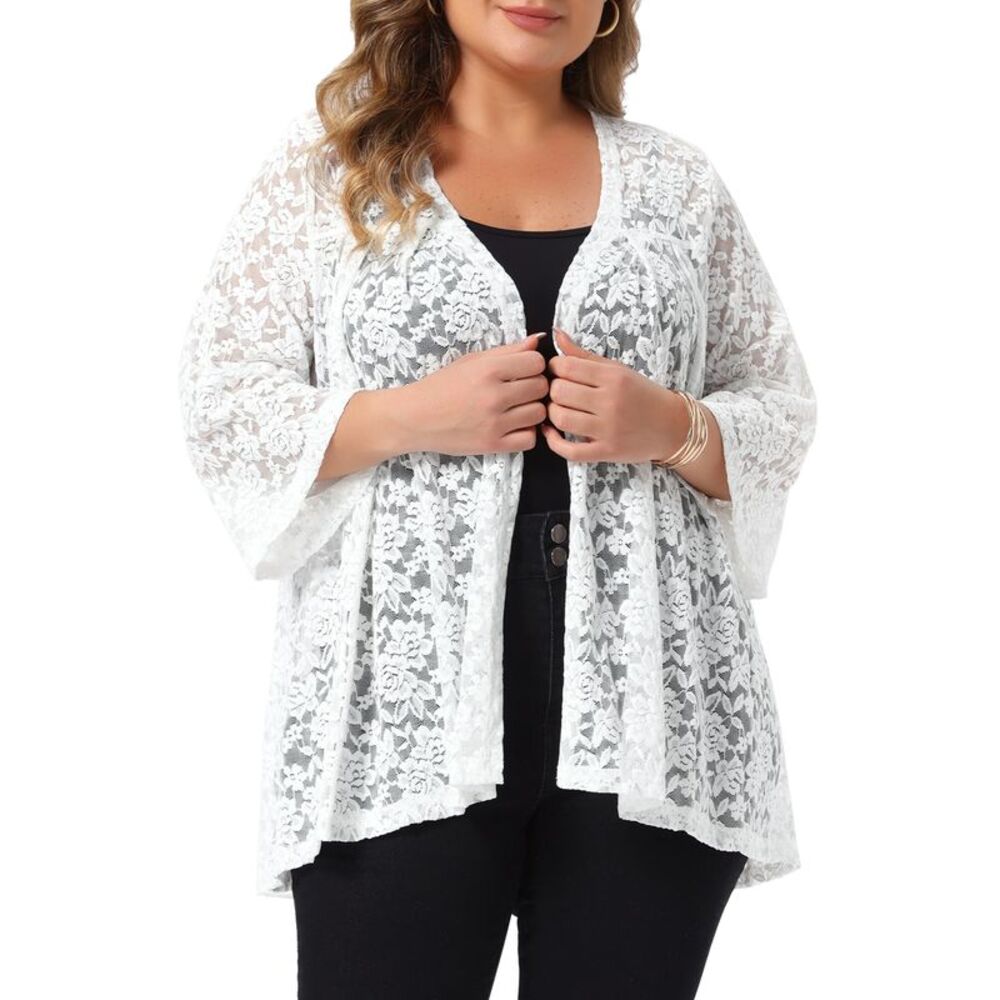 Women Plus Size Open Front 3/4 Bell Sleeve Lace Cardigans White